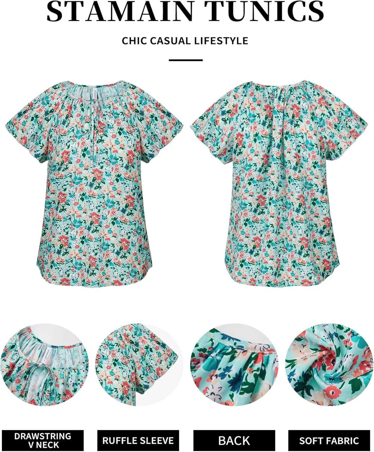 Women's Boho Tops Floral V Neck Blouses Short Sleeve Summer Shirts Dressy Casual Ruffle Tunic Top with Leggings