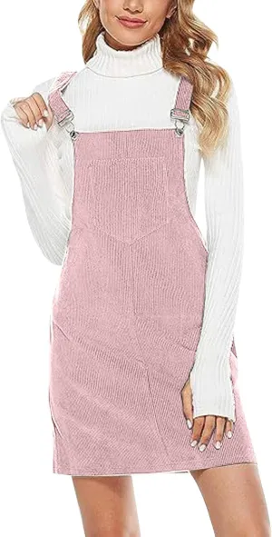 Women's Corduroy A Line Mini Dress Cute Jumper Pinafore Bib Overall Mini Dress Skirt Wide Straps Overalls Dress with Pockets