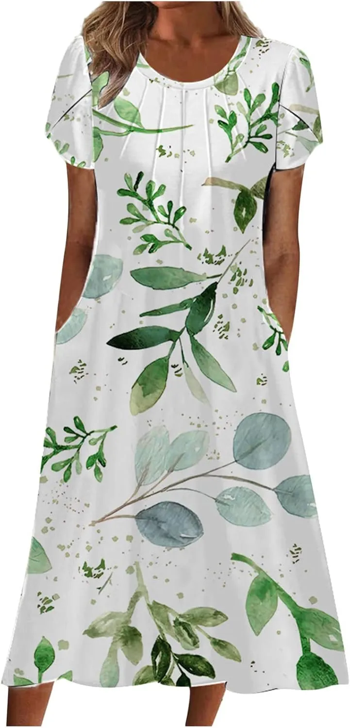 Womens Floral Midi Dress with Pockets Casual Summer T Shirts Dress Elegant Pleated Dress Cute Trendy A-Line Sun Dress