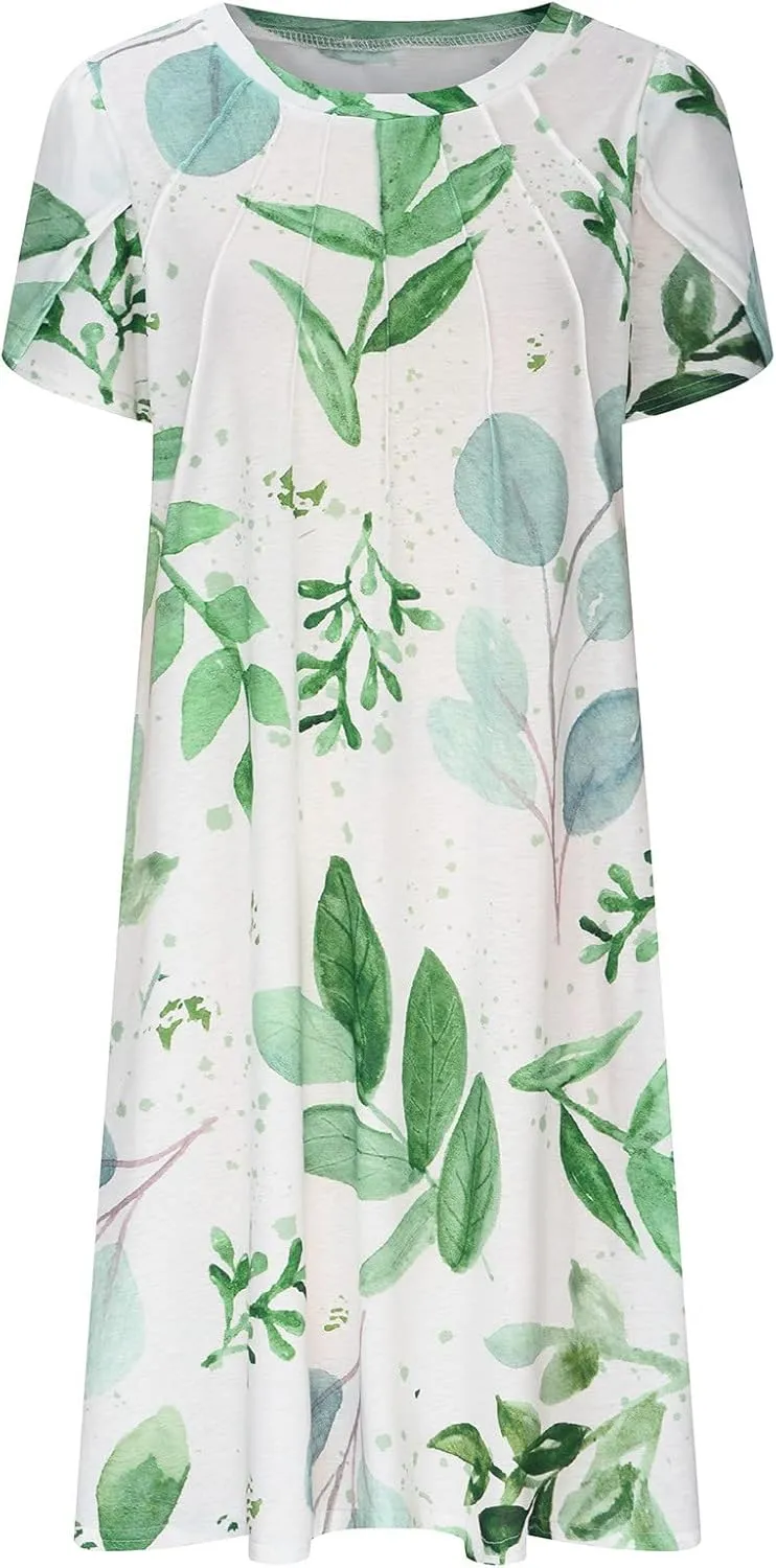 Womens Floral Midi Dress with Pockets Casual Summer T Shirts Dress Elegant Pleated Dress Cute Trendy A-Line Sun Dress