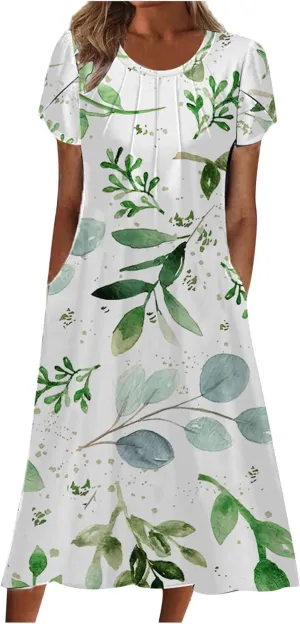 Womens Floral Midi Dress with Pockets Casual Summer T Shirts Dress Elegant Pleated Dress Cute Trendy A-Line Sun Dress