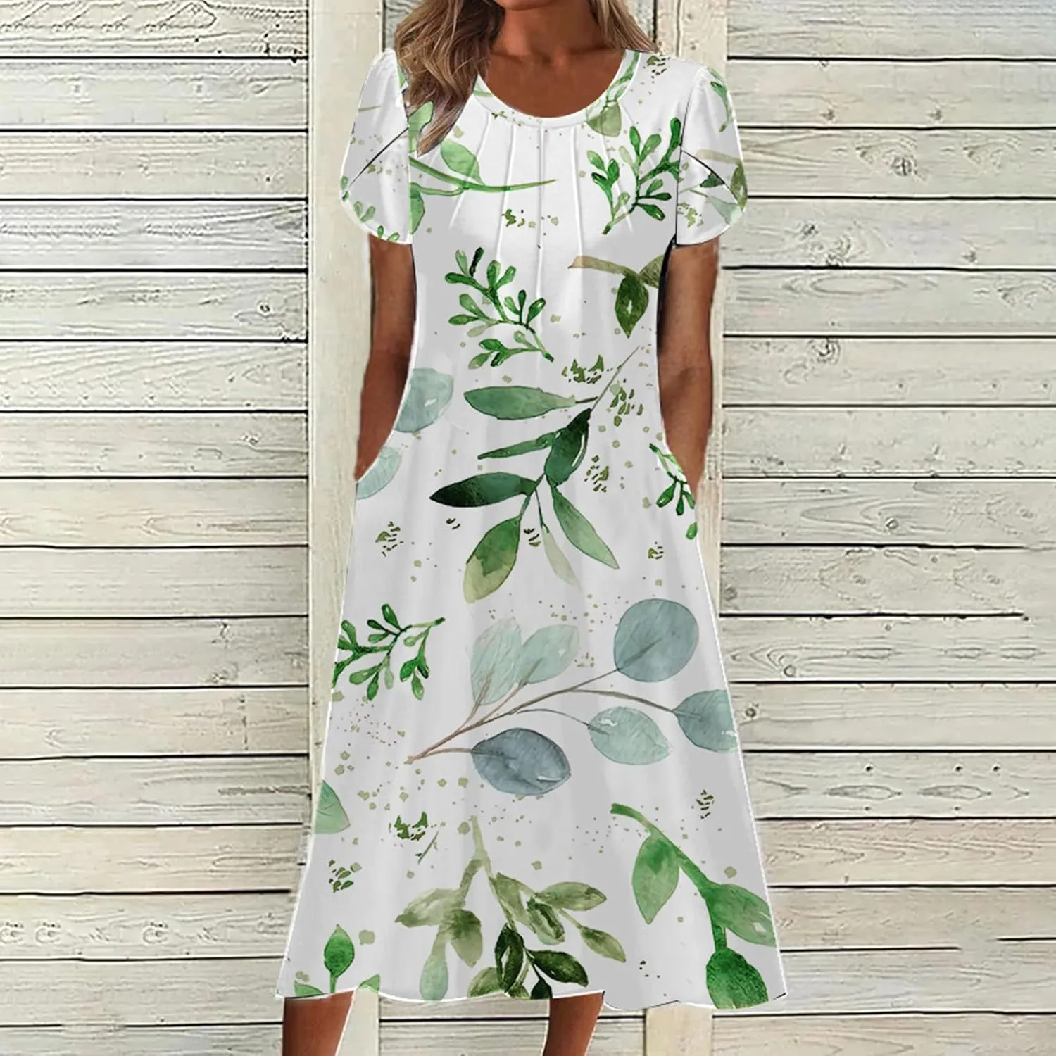 Womens Floral Midi Dress with Pockets Casual Summer T Shirts Dress Elegant Pleated Dress Cute Trendy A-Line Sun Dress