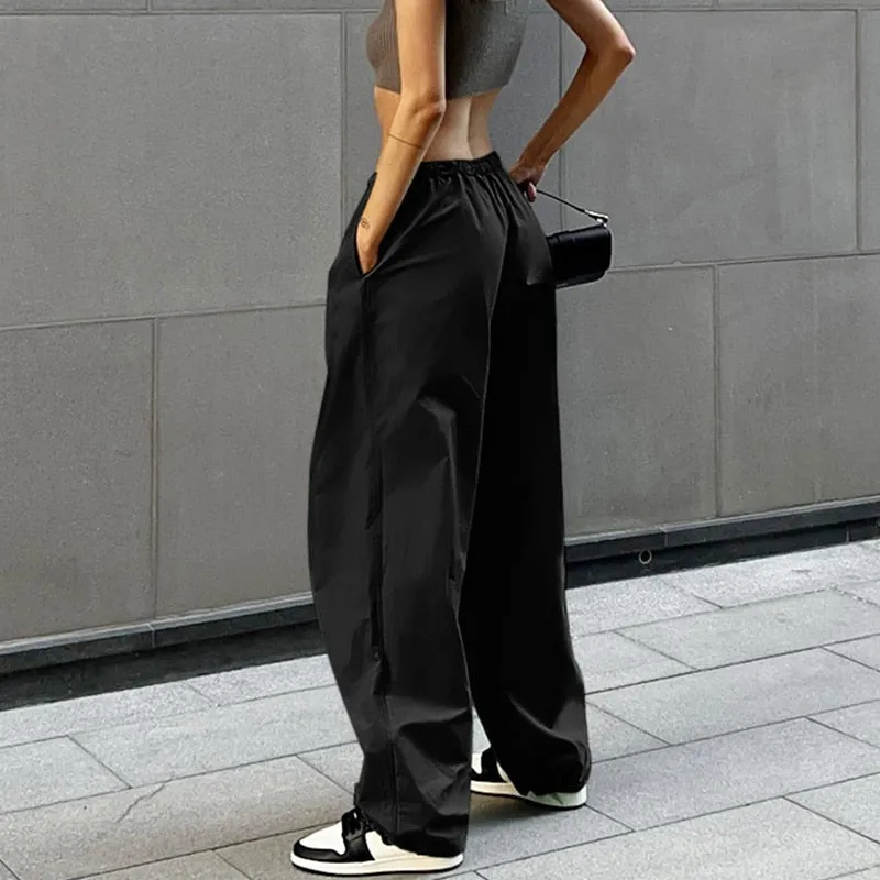 Women's Loose Low Waist Cargo Pants Loose Drawstring Trousers