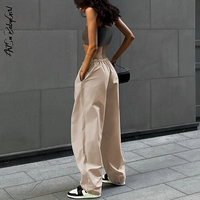 Women's Loose Low Waist Cargo Pants Loose Drawstring Trousers