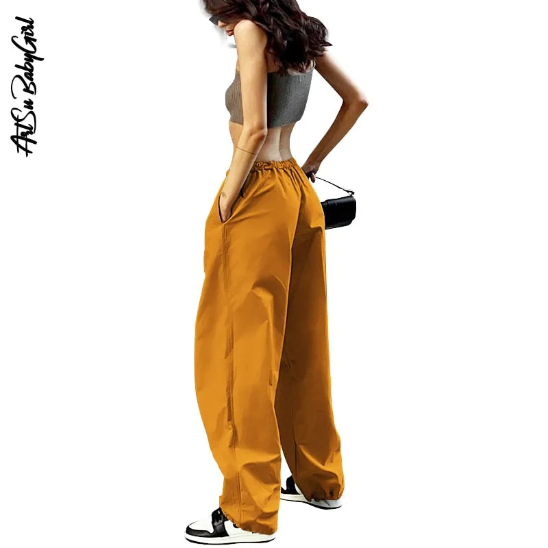 Women's Loose Low Waist Cargo Pants Loose Drawstring Trousers