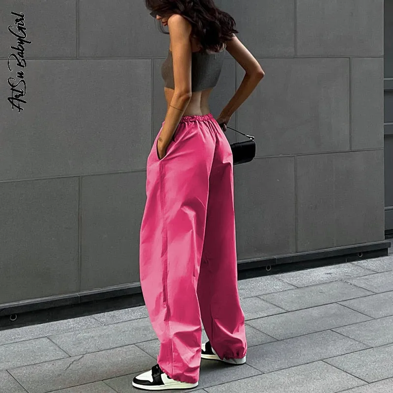 Women's Loose Low Waist Cargo Pants Loose Drawstring Trousers