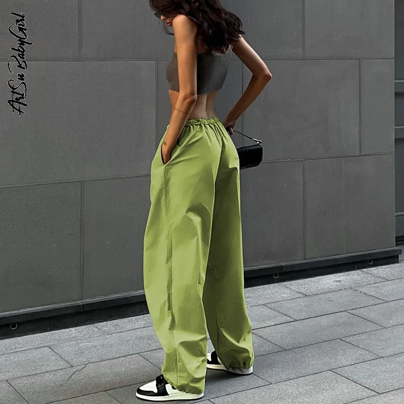 Women's Loose Low Waist Cargo Pants Loose Drawstring Trousers