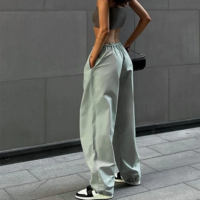 Women's Loose Low Waist Cargo Pants Loose Drawstring Trousers