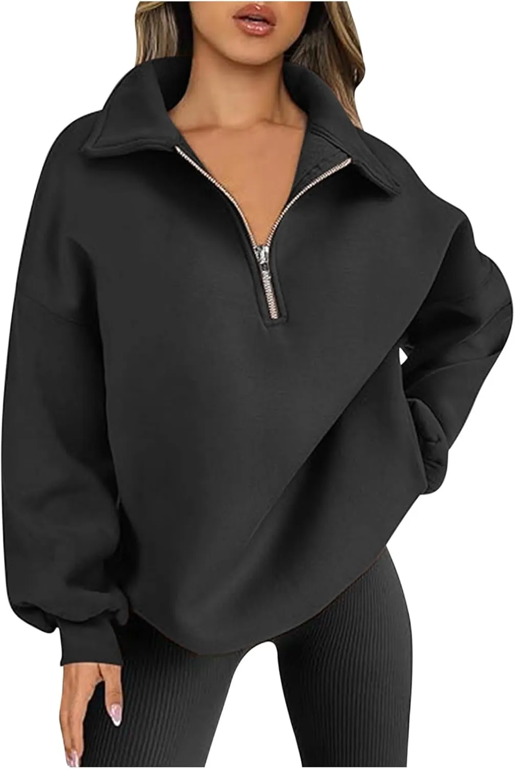 Women's Oversized Quarter Half Zip Hoodies Sweatshirt,2024 Winter V Neck Long Sleeve Pullover Tunic Trendy Clothes
