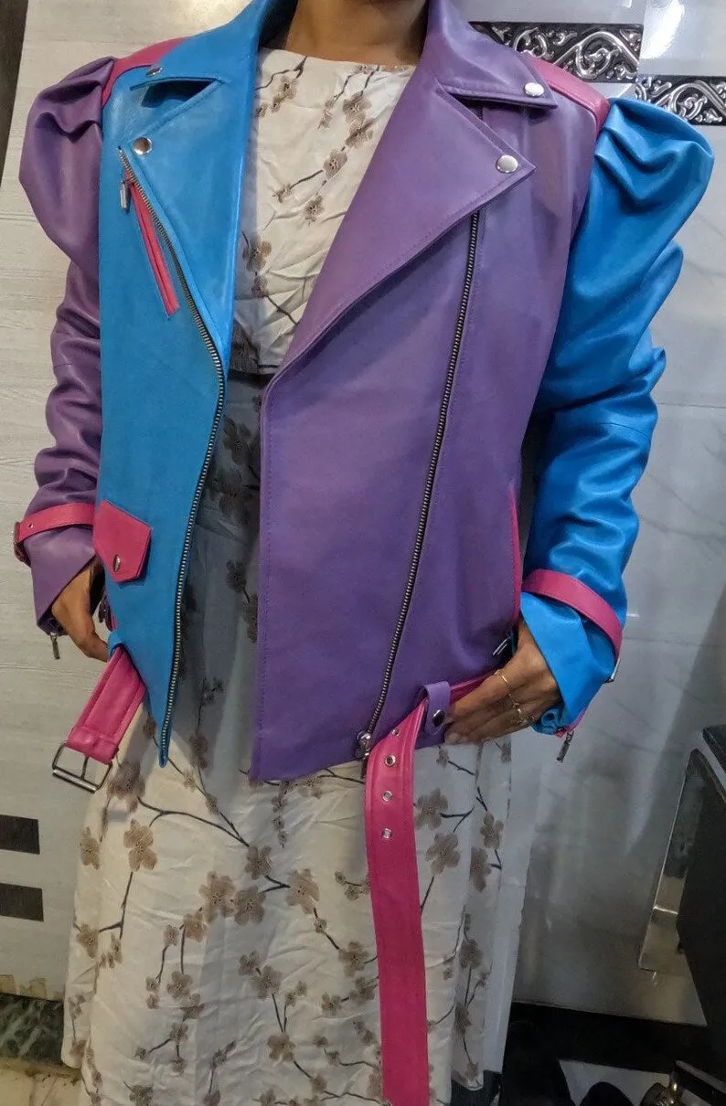 Womens Purple Blue & Pink  3 Color Leather Jacket by tjs