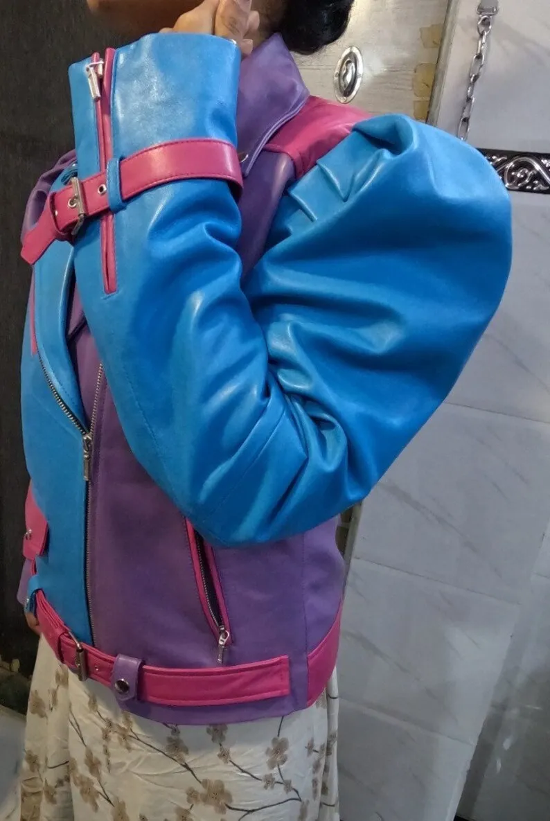 Womens Purple Blue & Pink  3 Color Leather Jacket by tjs