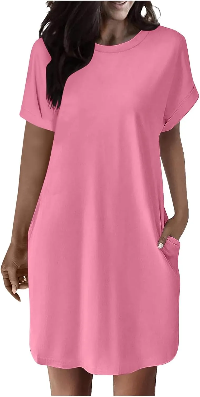 Womens Summer Dresses 2025 Trendy Short Sleeve Crew Neck Mini Dress Casual Loose Fit Knee Length Dress with Pockets