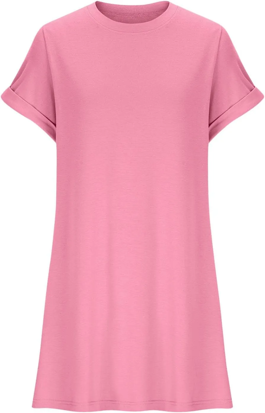 Womens Summer Dresses 2025 Trendy Short Sleeve Crew Neck Mini Dress Casual Loose Fit Knee Length Dress with Pockets