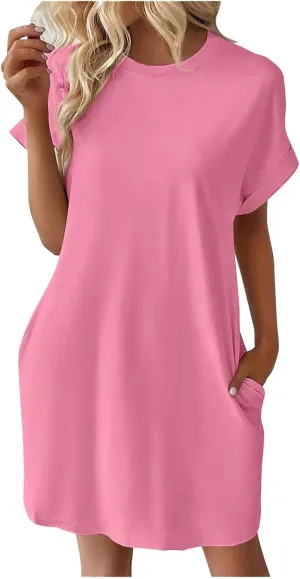 Womens Summer Dresses 2025 Trendy Short Sleeve Crew Neck Mini Dress Casual Loose Fit Knee Length Dress with Pockets