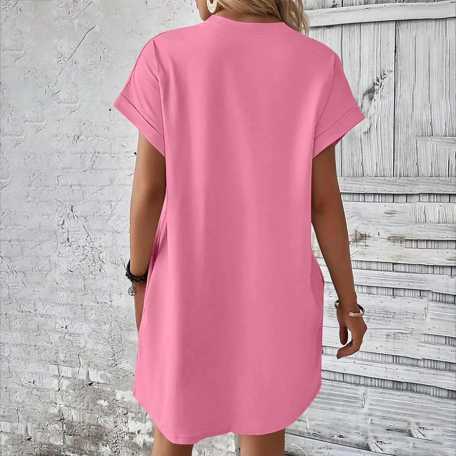 Womens Summer Dresses 2025 Trendy Short Sleeve Crew Neck Mini Dress Casual Loose Fit Knee Length Dress with Pockets