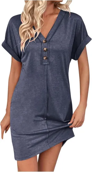 Womens Summer Tshirt Dress Short Sleeve Loose Fit Casual V Neck Shift Tunic Dress Beach Travel Vacation Sundress