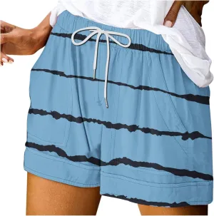ZDRZK Casual Shorts for Women Drawstring Elastic Waist Stripes Print Dressy Shorts Workout Gym Summer Shorts with Pockets
